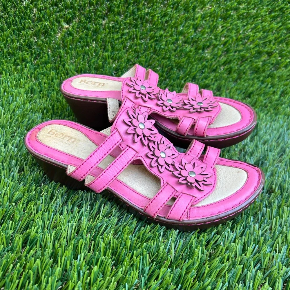 Born Pink Leather Floral Wedge Sandals Strappy Slide 7 38 W51892 CKL11